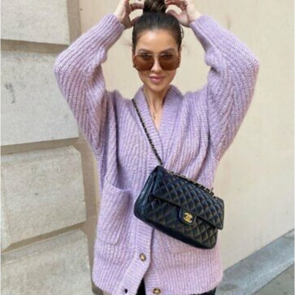 ZARA Lilac Mauve Wool Blend Oversized Knit Cardigan Front Pockets Size M - Picture 2 of 6